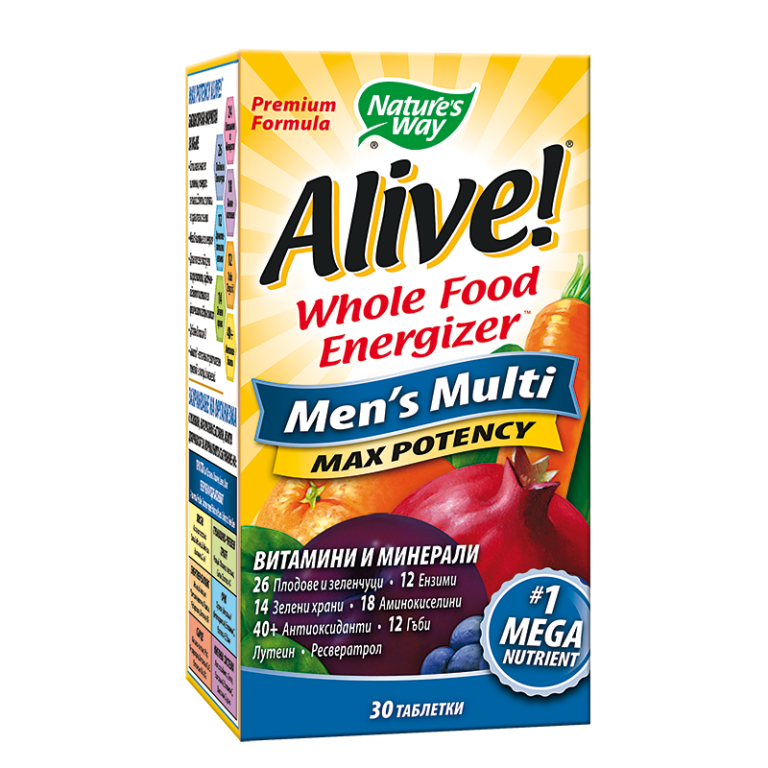 Мултивитамини за мъже максимум сила Алайв - Alive! Men's Multi Max Potency Whole Food Energizer, 30 таблетки